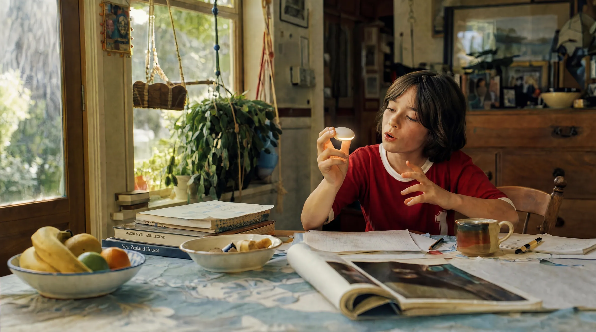 Child talking to the device at a kitchen table.
