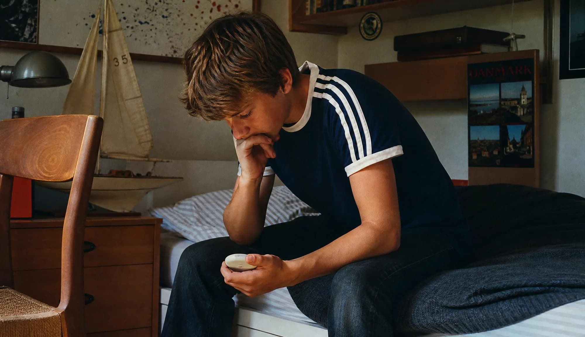 Young person thinking with the device in a bedroom.